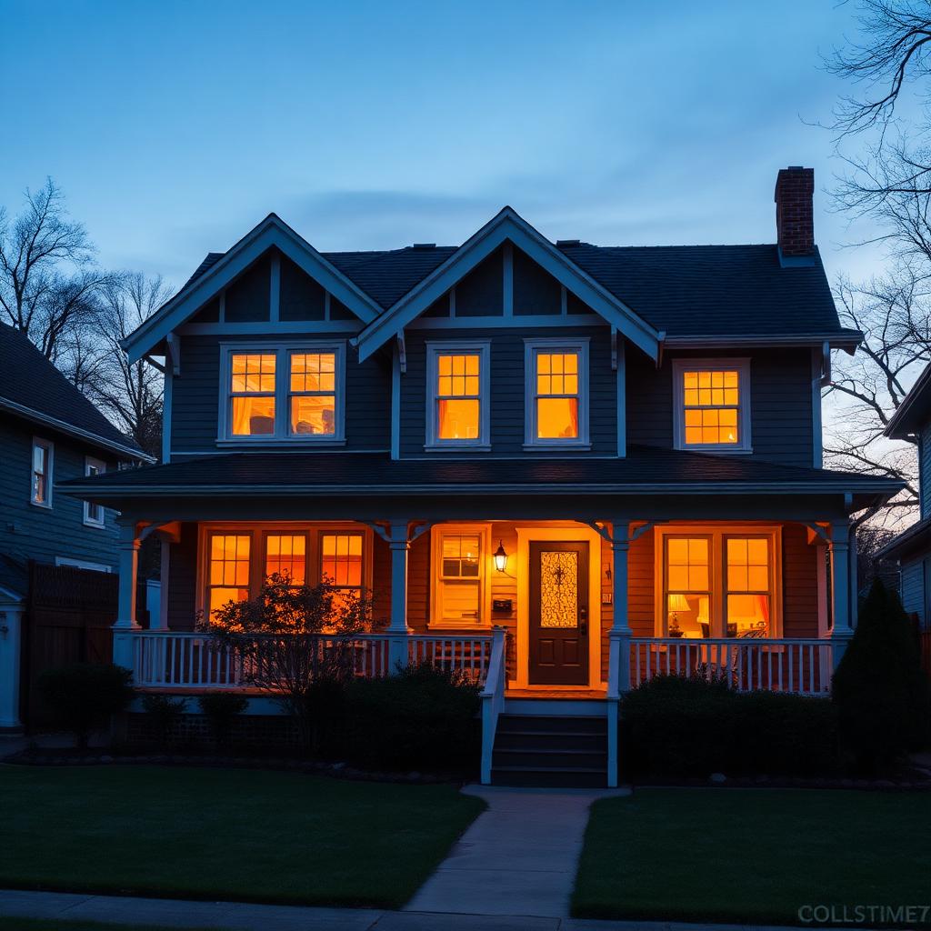 Charming house at dusk with warm interior lighting and a welcoming short-term rental feel.