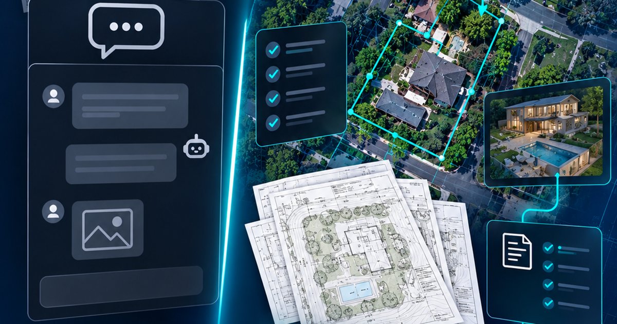 Aerial view of a residential parcel with its boundary outlined, surrounded by a zoning map, code checklists, and site plan drawings
