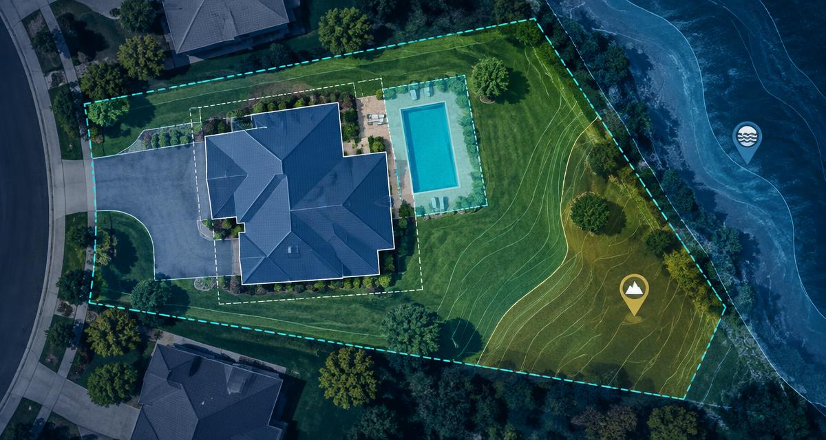 Aerial view of a residential parcel with its boundary outlined and the house, driveway, lawn and pool mapped