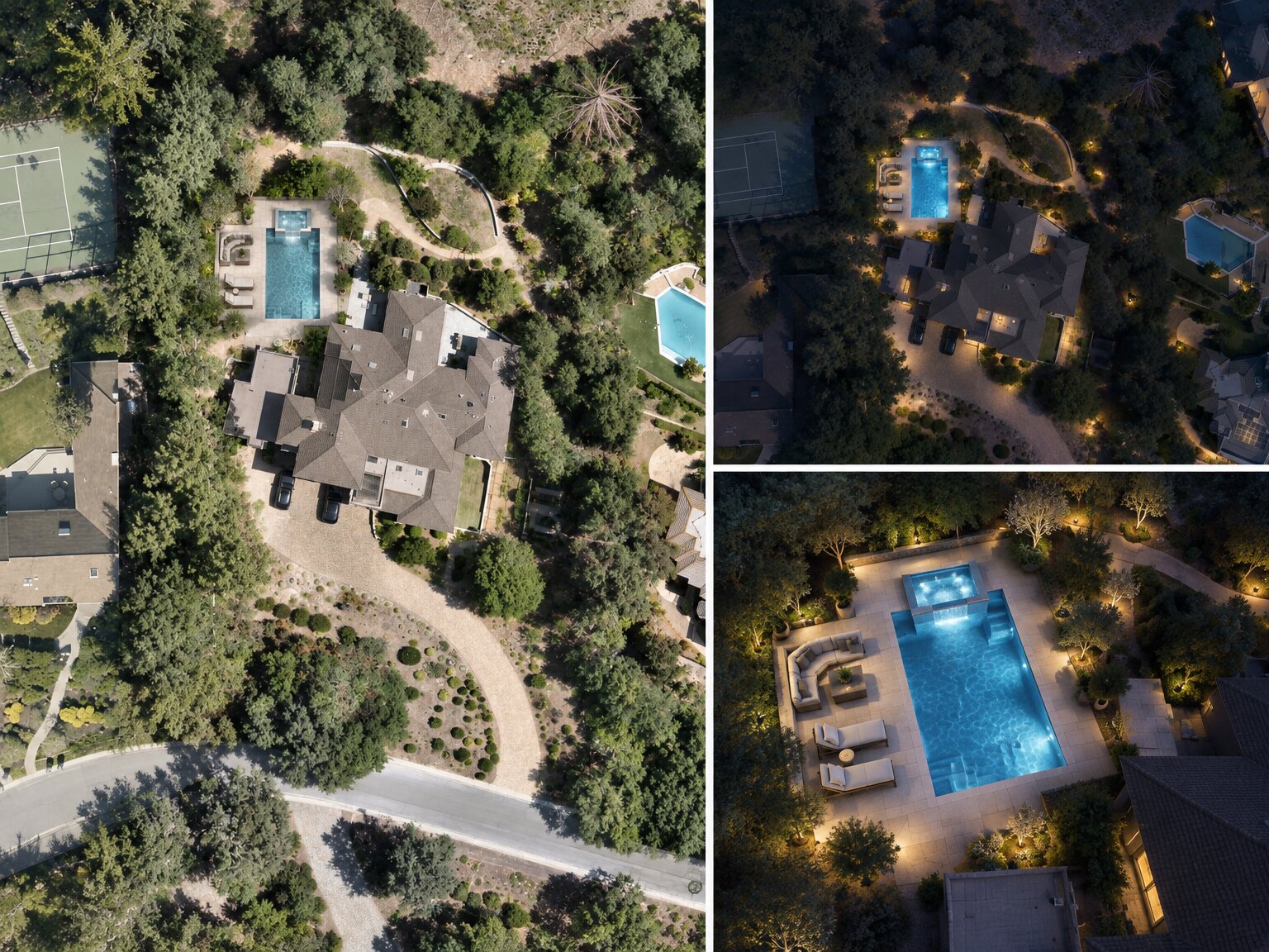 Aerial view of a home with a backyard pool beside evening renders of the same property, created with InQI's 2D Render Generation Impresario