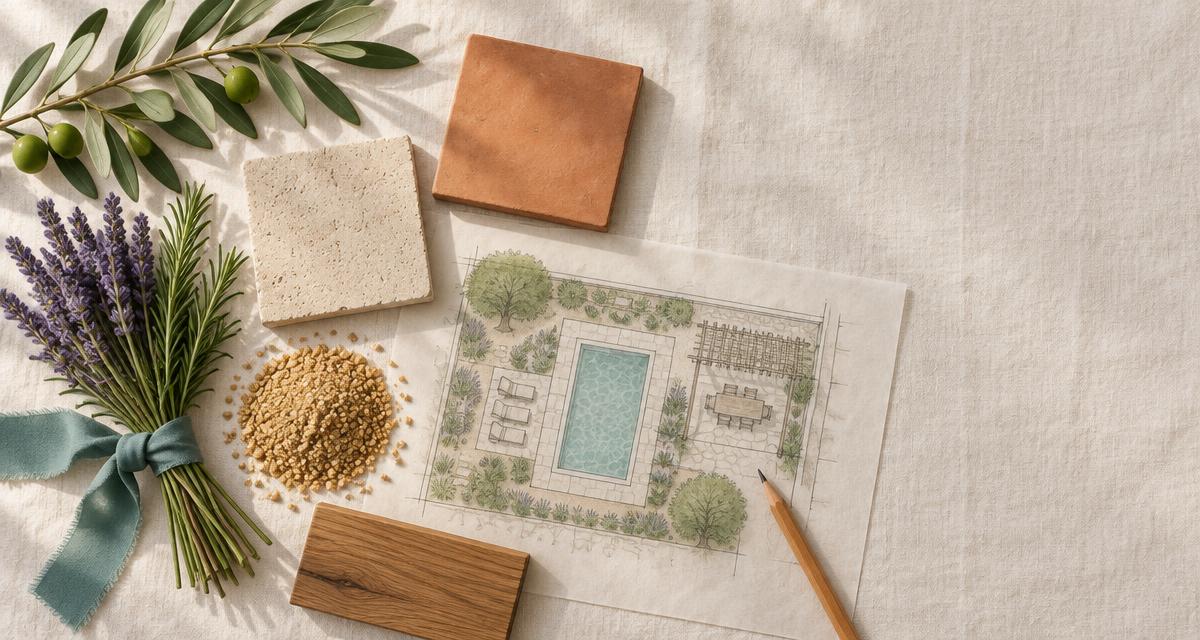 Flat-lay of Mediterranean garden materials and a hand-drawn backyard site plan with a pool and pergola.