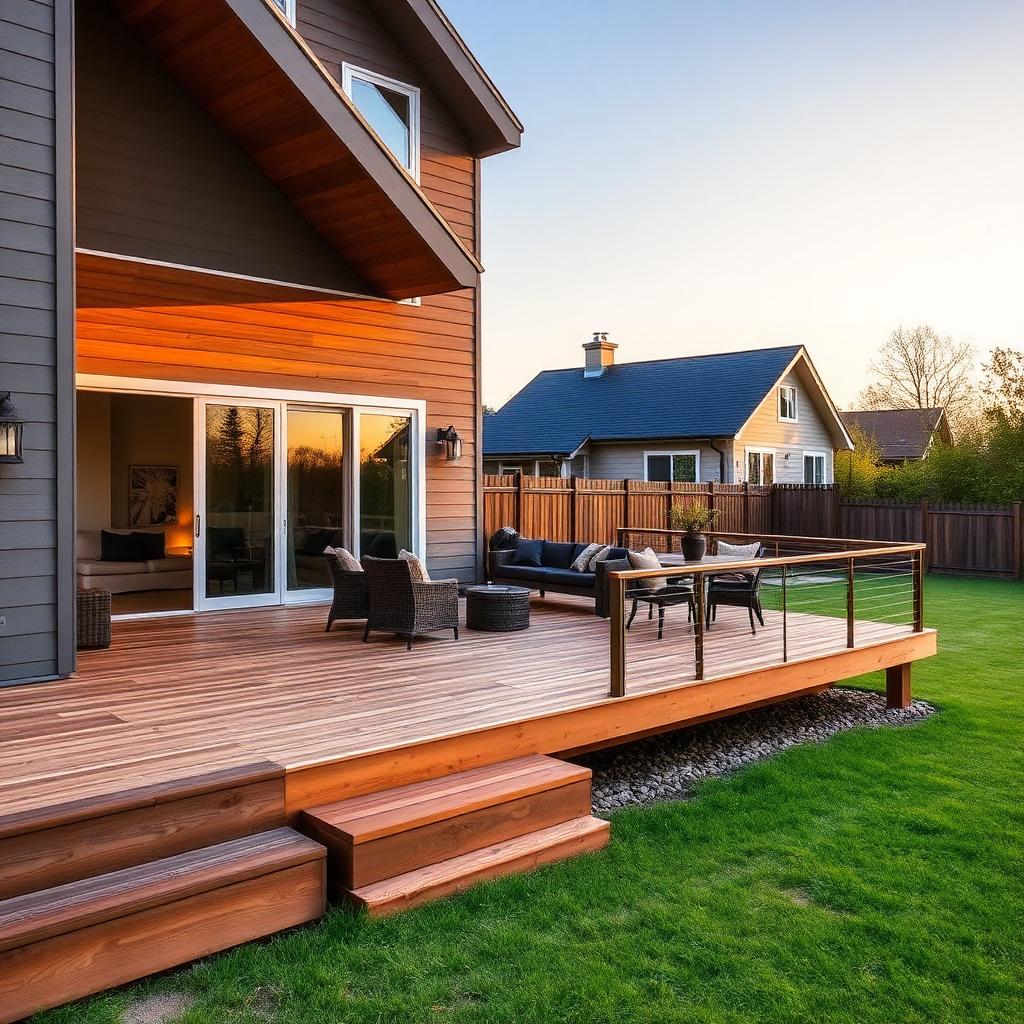 Wooden deck attached to a modern house with outdoor seating and soft evening light.