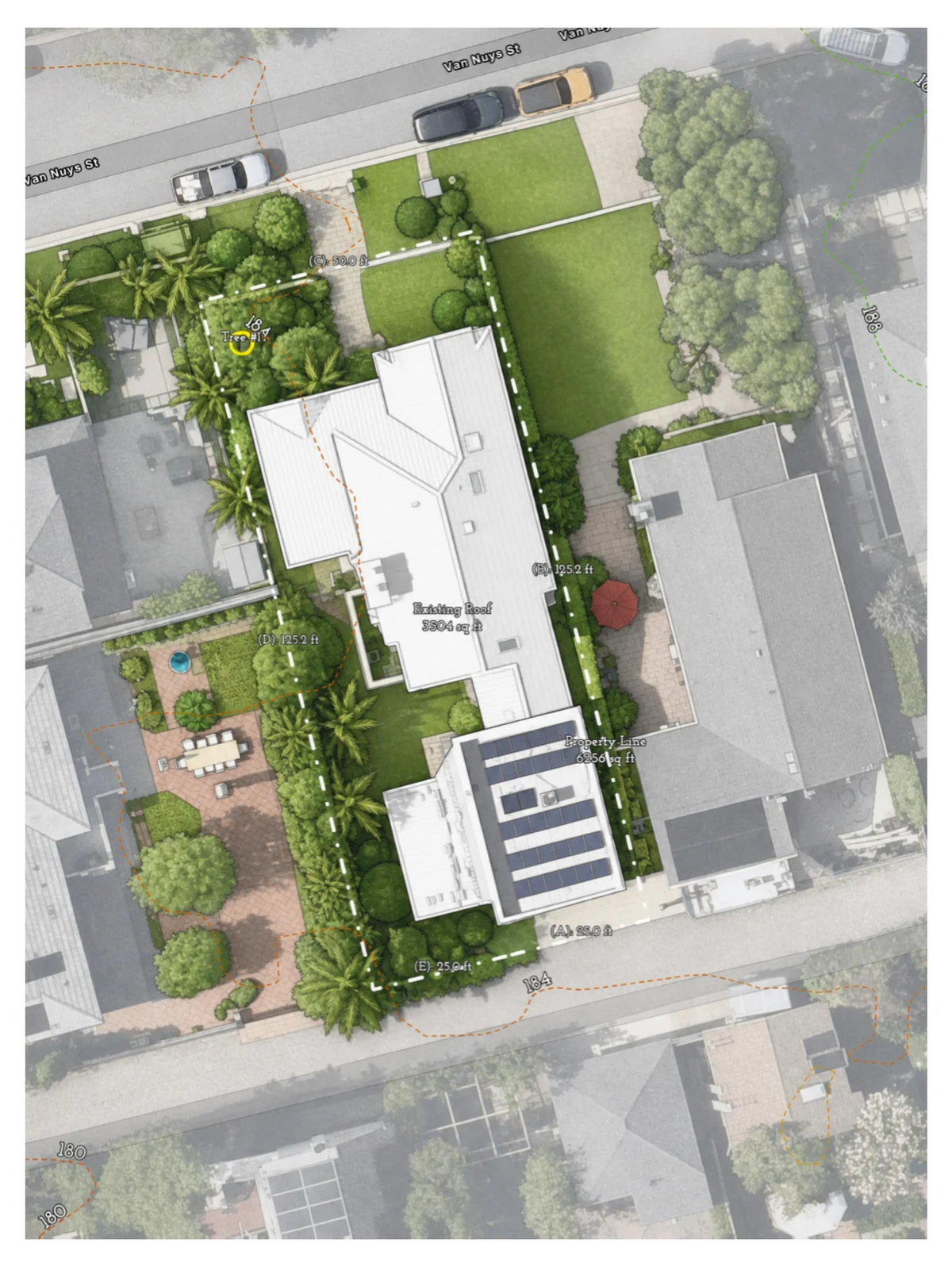 Site plan overlay showing structures, hardscape and vegetation over muted imagery