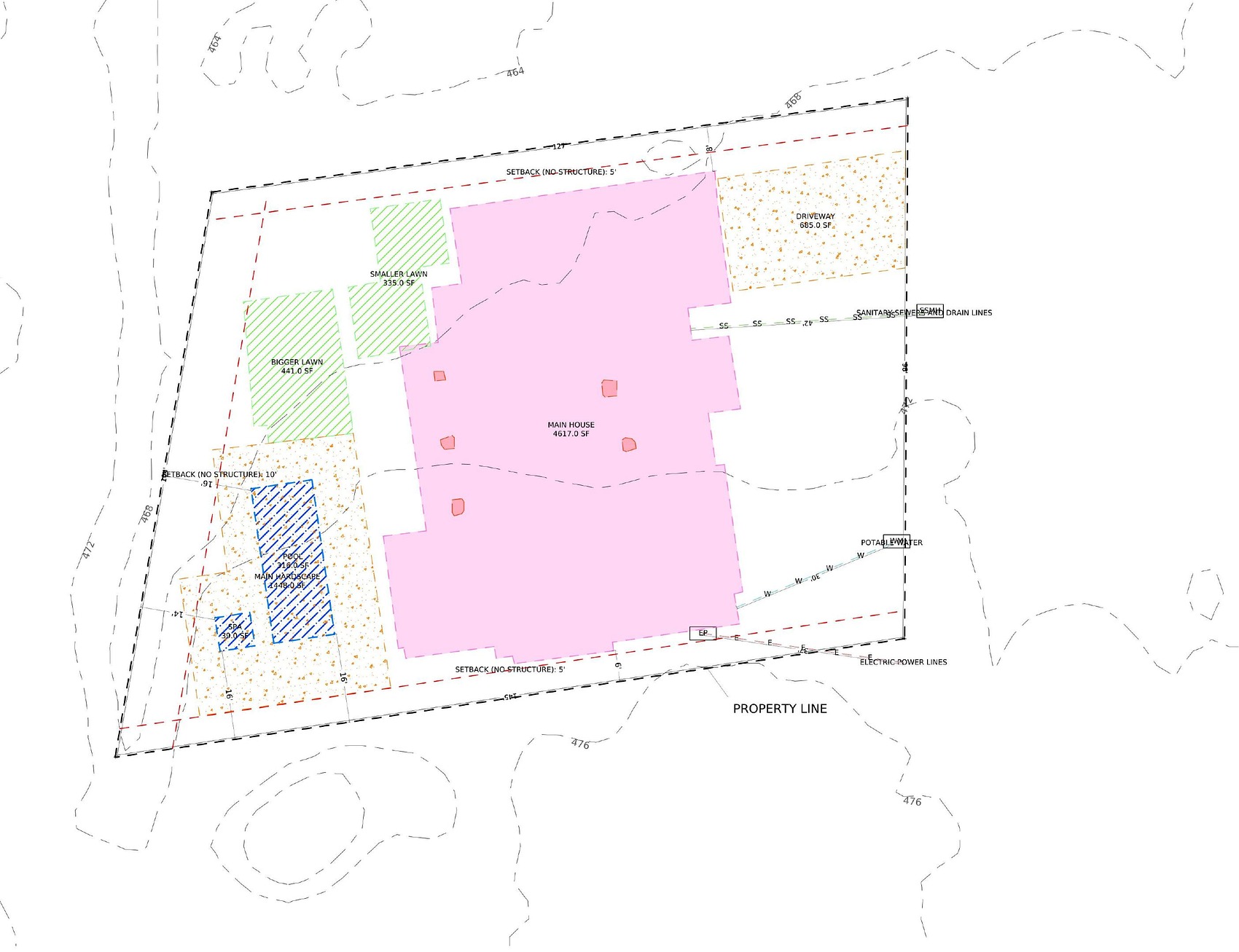 Page one of an InQI site plan PDF showing parcel boundary, setbacks, house footprint, driveway, lawn, and pool areas.