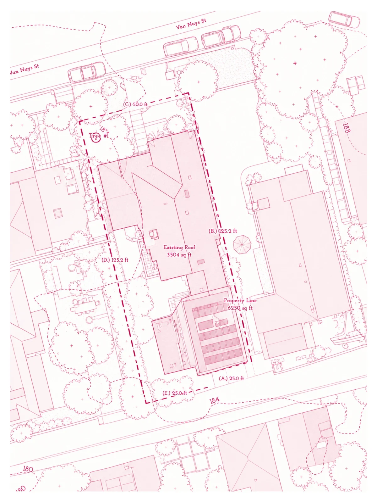Two-dimensional site plan linework with property line, existing roof and dimensions
