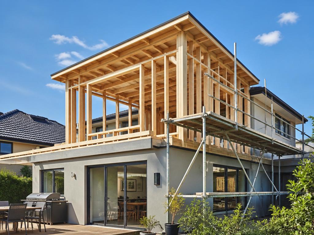 Suburban home with a framed second-story addition under construction.