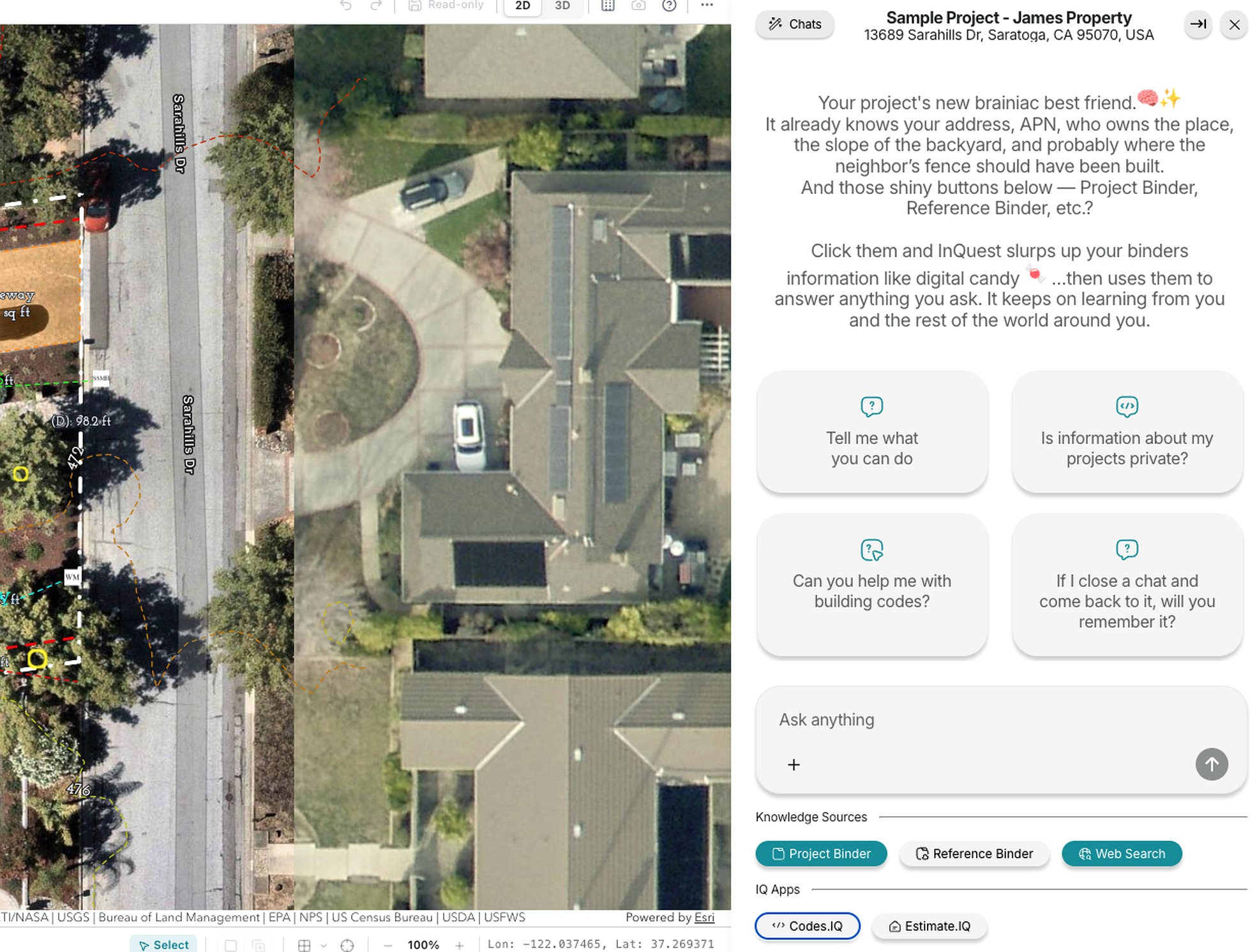 InQI site plan editor with a highlighted house footprint, measurement labels, and the InQuest AI assistant panel open.