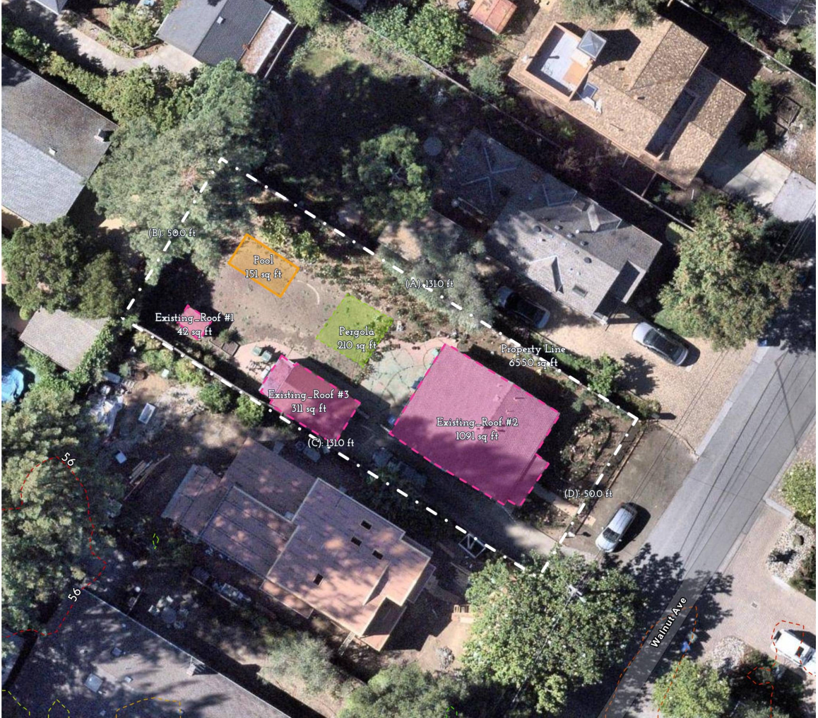 Backyard site plan of a residential lot with the property line, traced roofs, and a pool and pergola sketched in