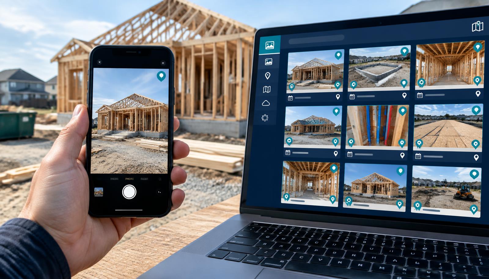 A phone capturing a residential job site beside the project's media library of GPS-tagged construction photos