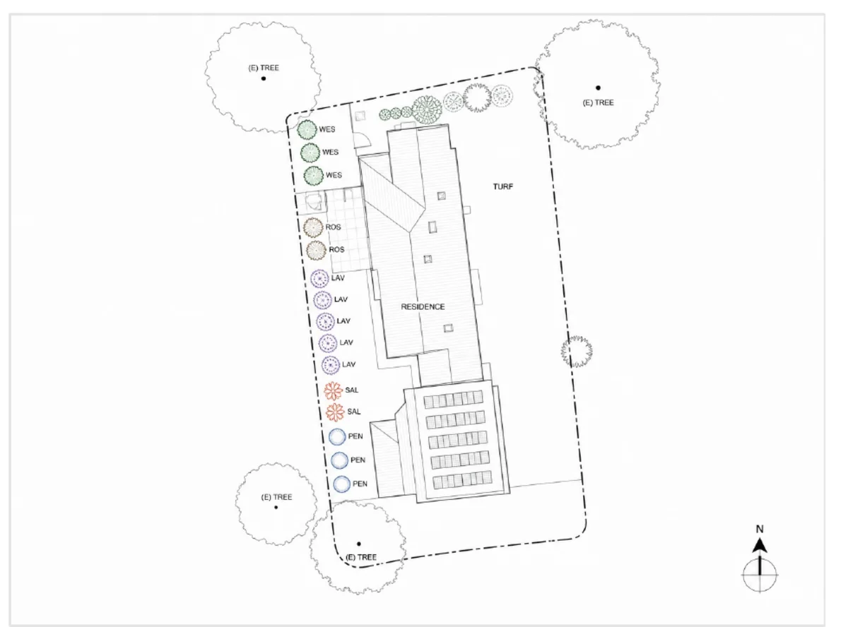 Planting plan drawing with labeled plant symbols around a residence