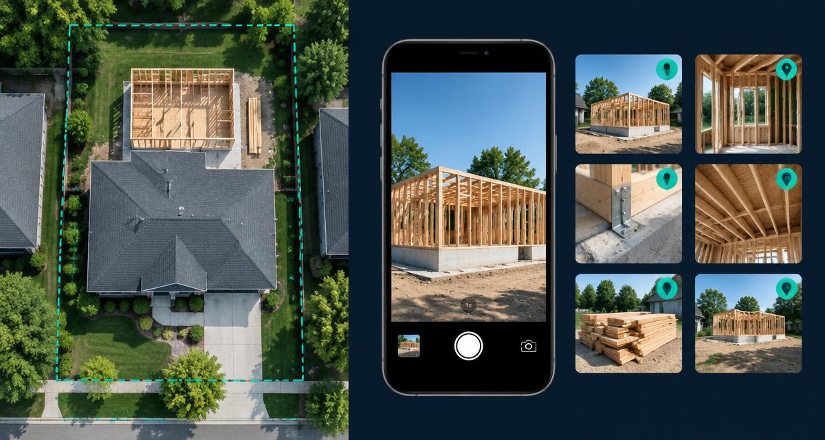 Aerial site plan of a residential lot with a framed rear addition, beside a phone and a grid of GPS-tagged construction photos