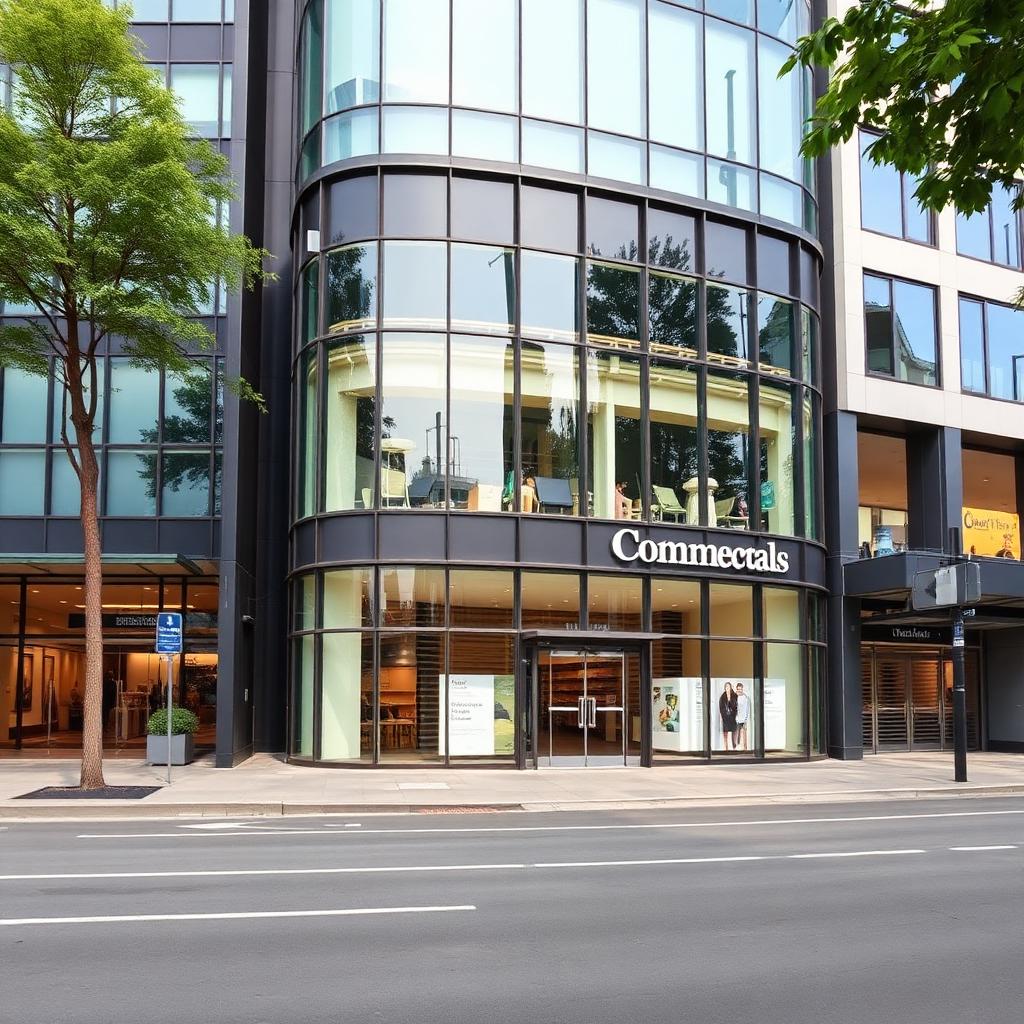 Modern commercial office building exterior with glass facade and landscaping.
