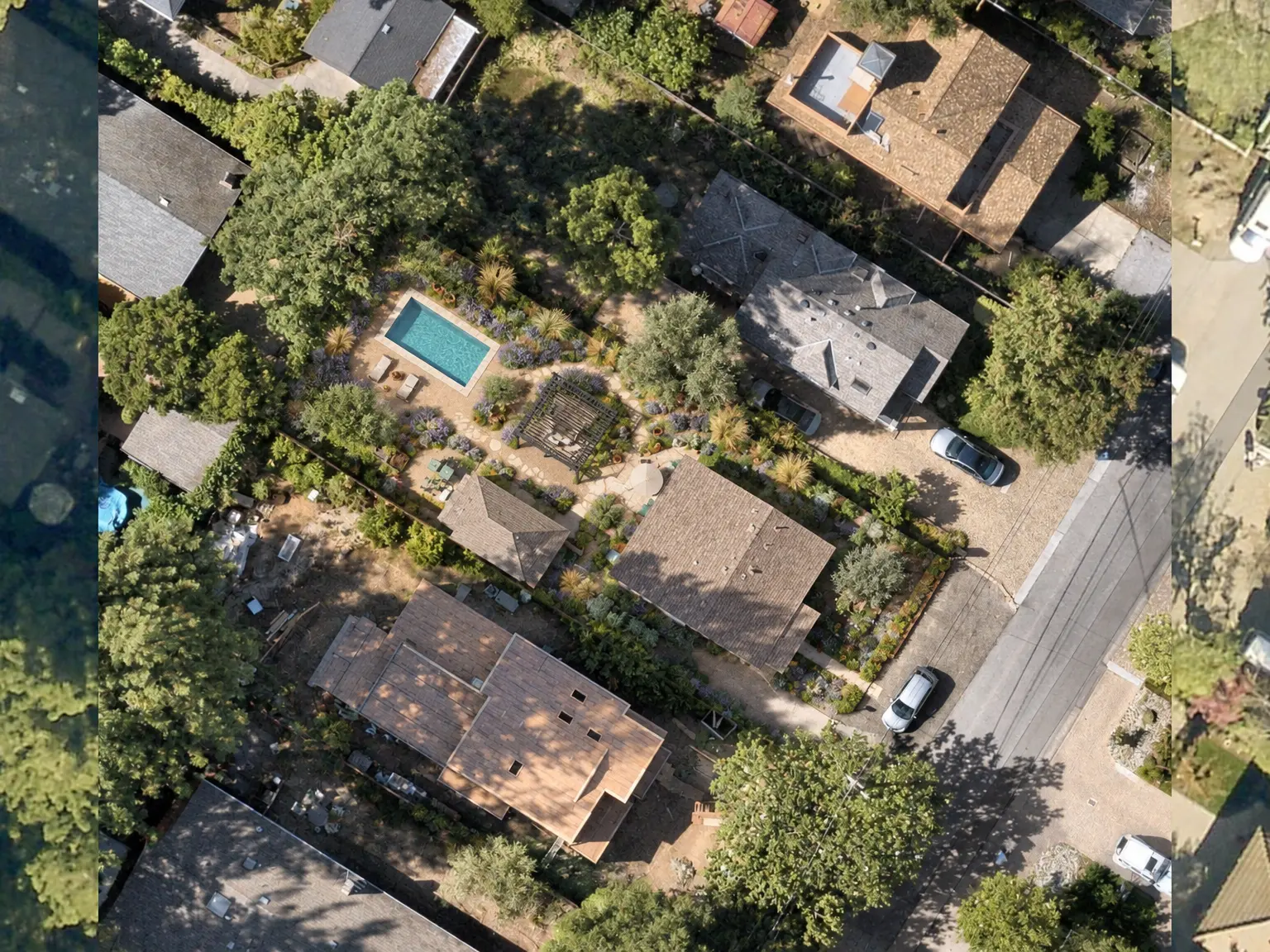 The same lot rendered as a Mediterranean backyard, with the pool and pergola where they were sketched on the site plan
