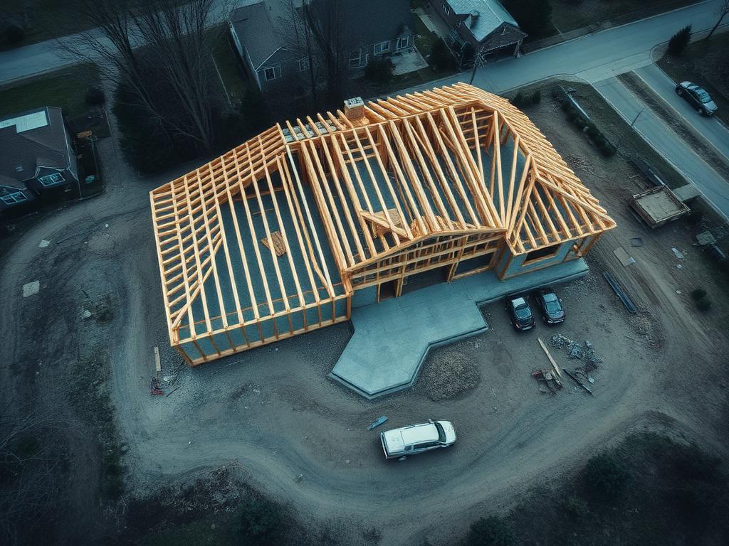 Aerial view of a custom home under framing
