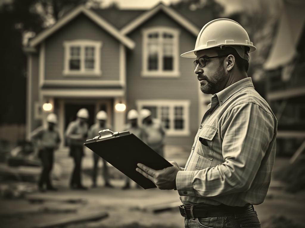 General contractor on site with crew, clipboard in hand