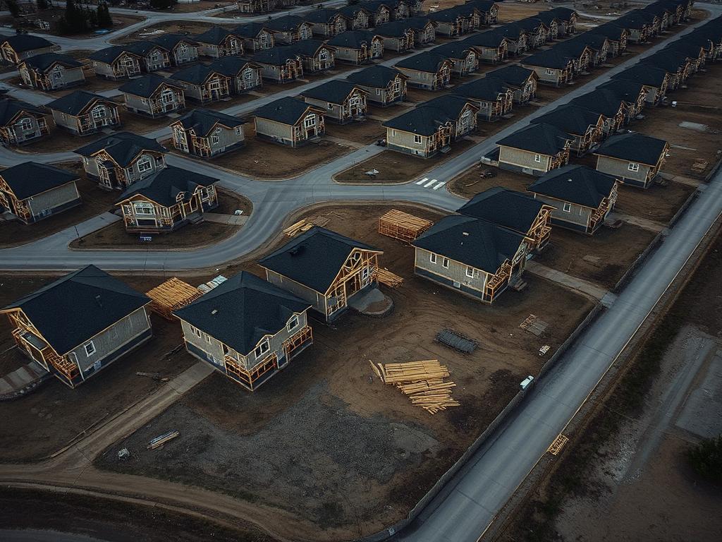 Aerial view of a row of identical homes under construction