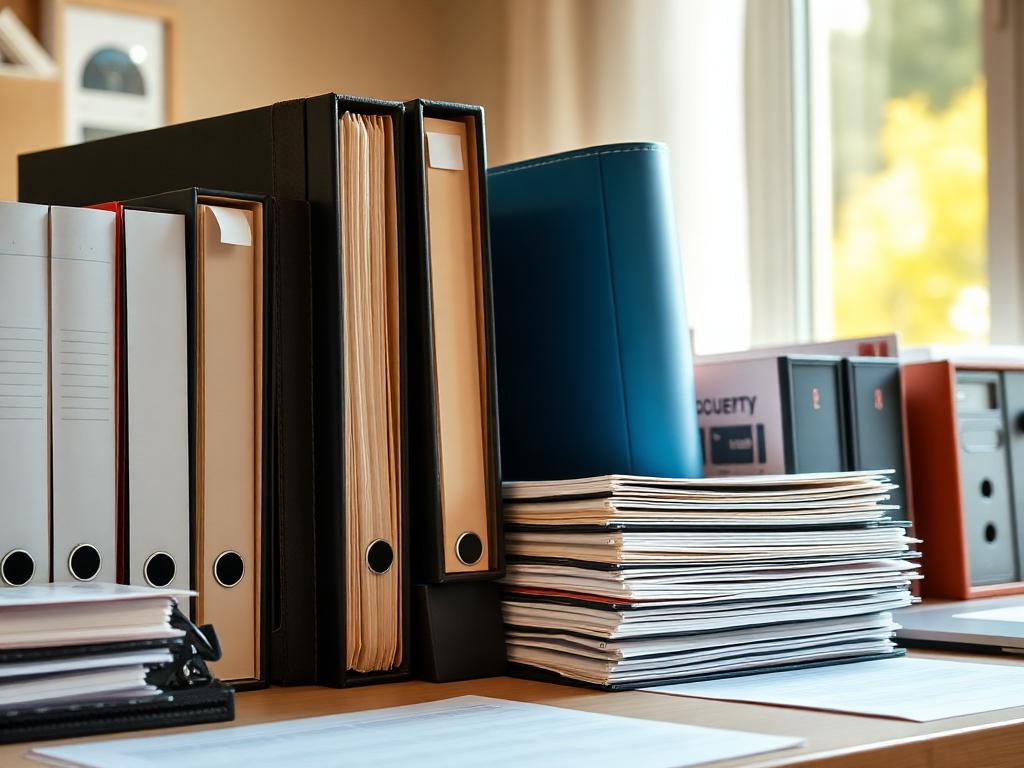 Organized binders and document folders on a home office desk.