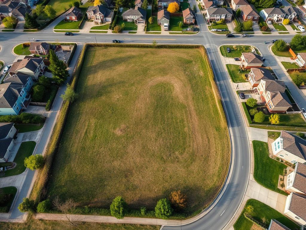 Aerial view of an empty residential land parcel surrounded by suburban homes.