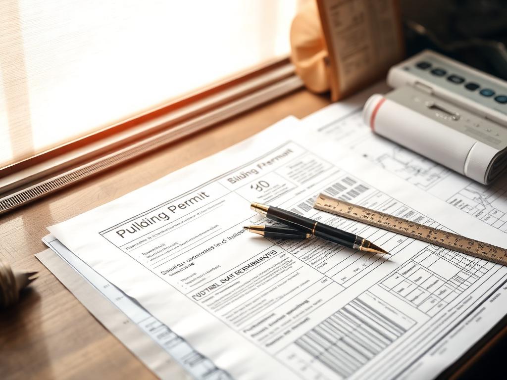 Building permit paperwork and architectural drawings laid out on a desk.