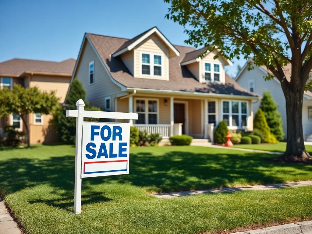 Suburban house with a For Sale sign in the front yard.