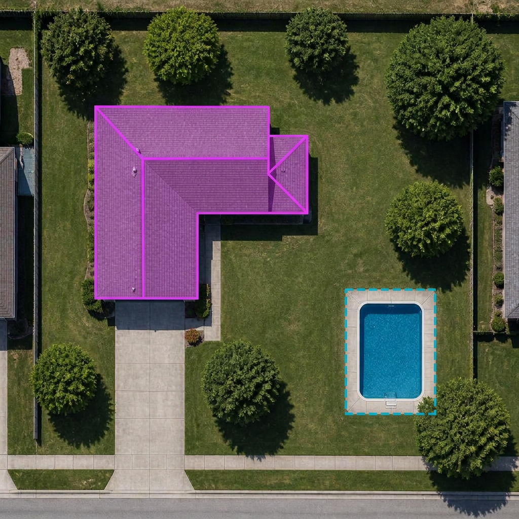 Top-down satellite aerial of a residential lot on Maple Avenue, showing an L-shaped house with a rectangular backyard pool surrounded by lawn and trees.