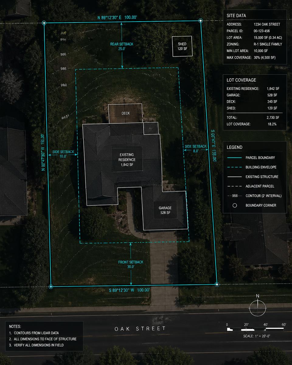 Aerial parcel view with site analysis overlay and setback dimensions