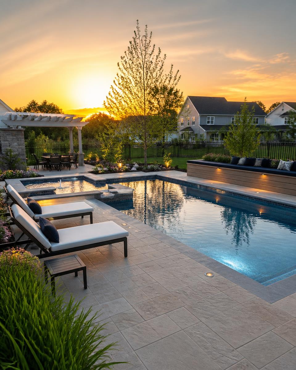Photorealistic pool deck render on a suburban backyard at sunset