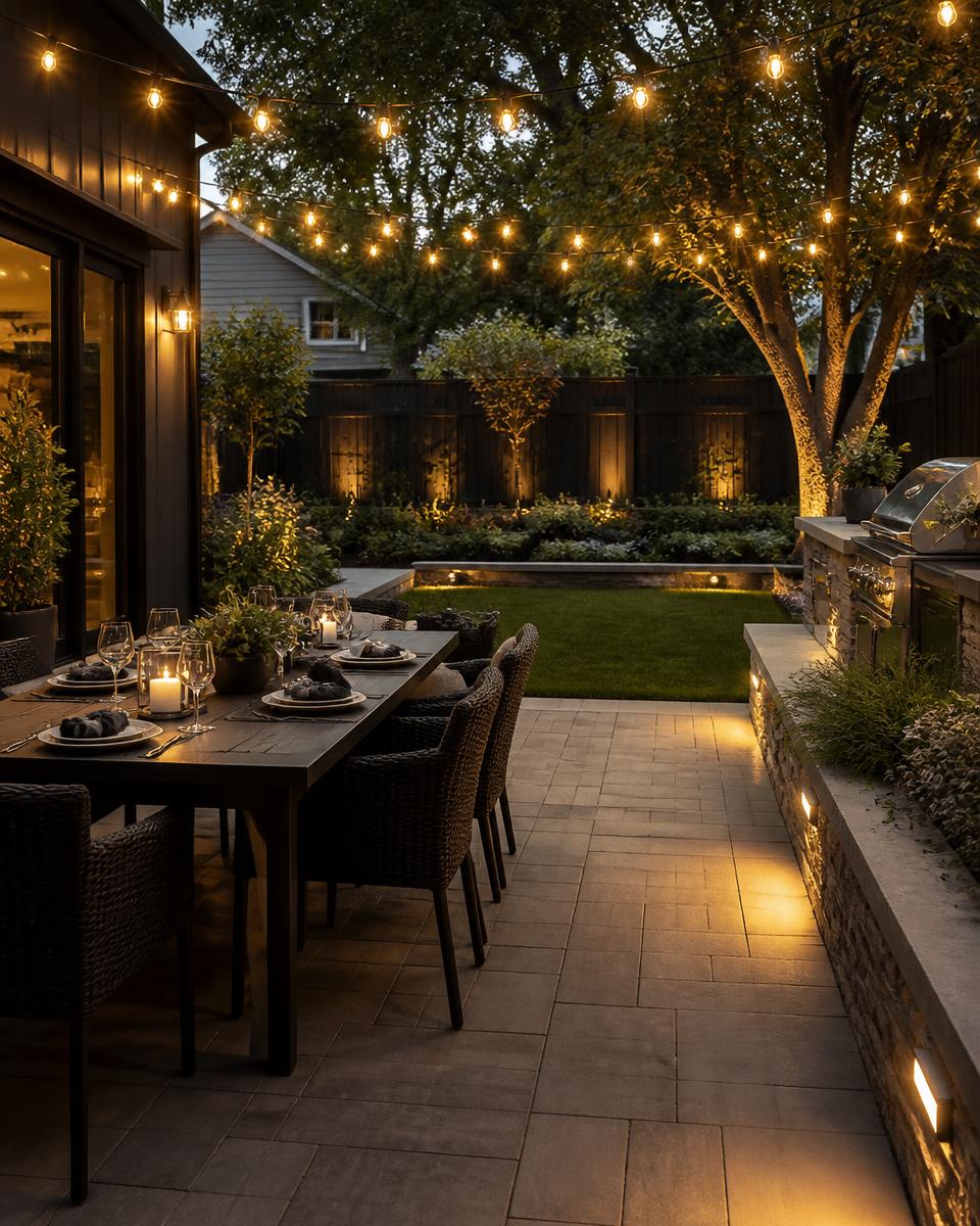 Evening backyard terrace render with string lights and outdoor dining table