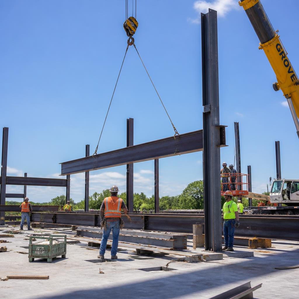 Steel frame construction site with I-beams and columns on a concrete foundation